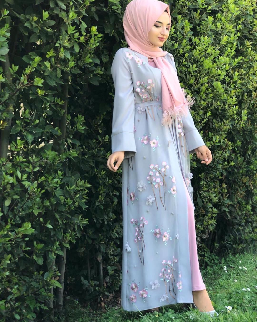 Elegant Pastel Floral Embroidered Abaya