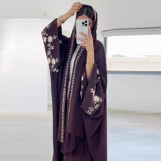 Amira’s Lavender Bloom – Embroidered Abaya with Matching Scarf