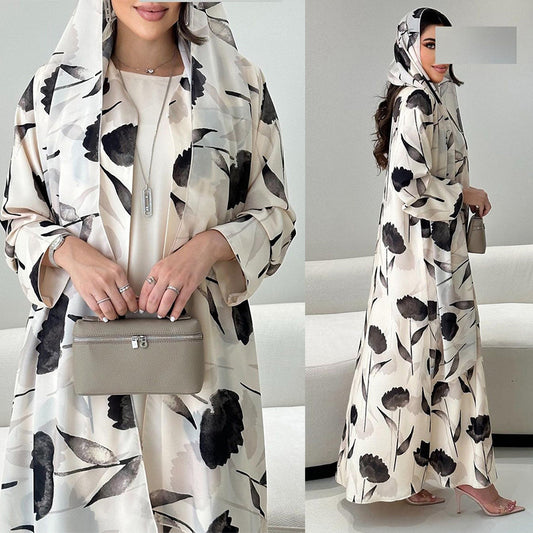 Bloom & Beige Abaya – Black Petal Print with Matching Scarf