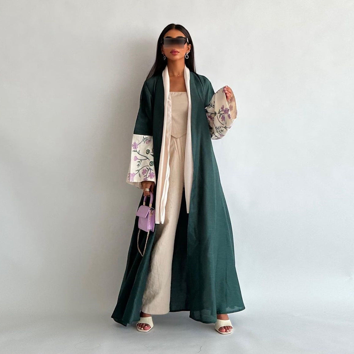 Emerald Green Open Abaya with Purple & White Floral Embroidered Sleeves