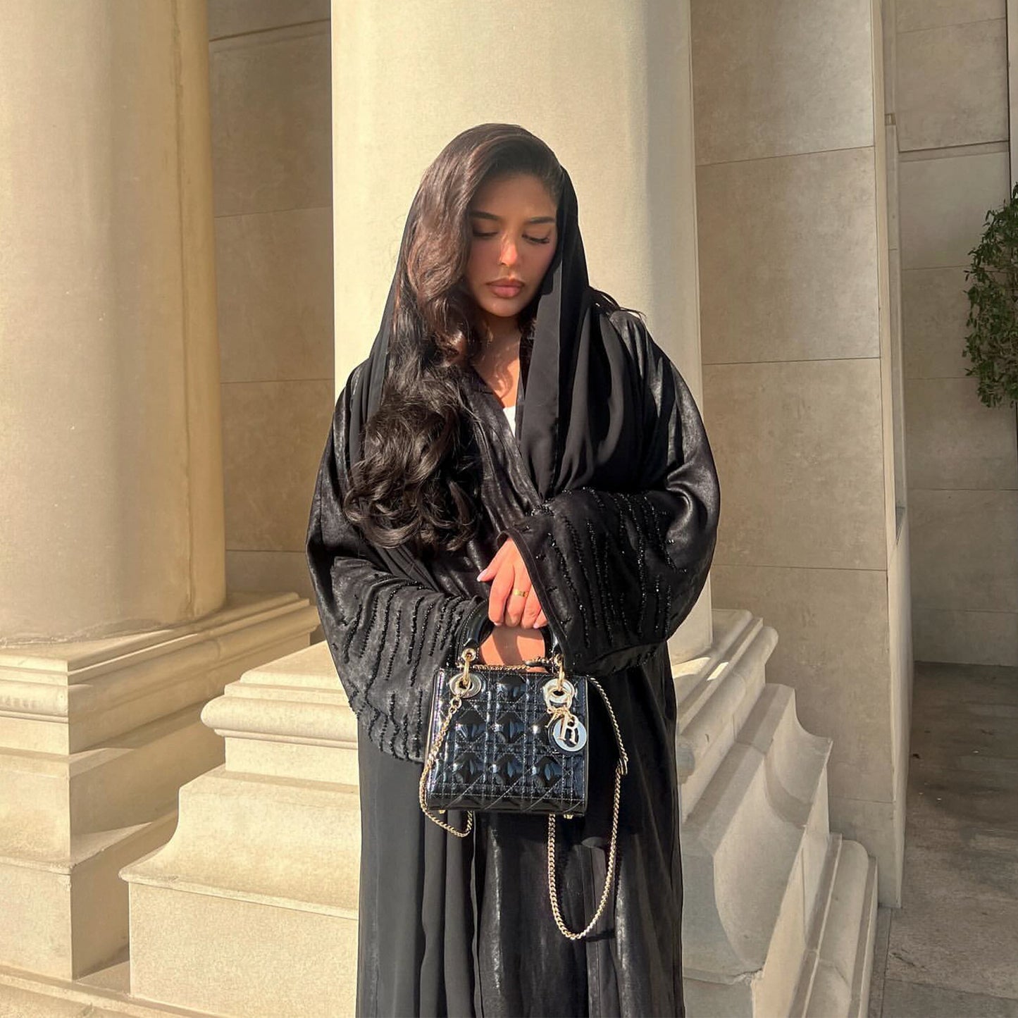 Lustrous Iridescent Open Abaya with Diamante-Embellished Sleeves