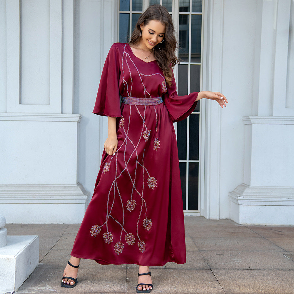 Luxe Satin Abaya Dress with Floral Diamanté Detailing