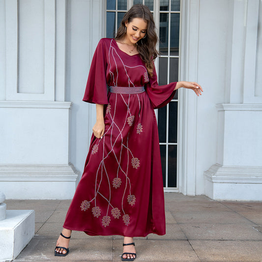 Luxe Satin Abaya Dress with Floral Diamanté Detailing