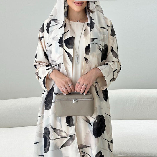 Bloom & Beige Abaya – Black Petal Print with Matching Scarf