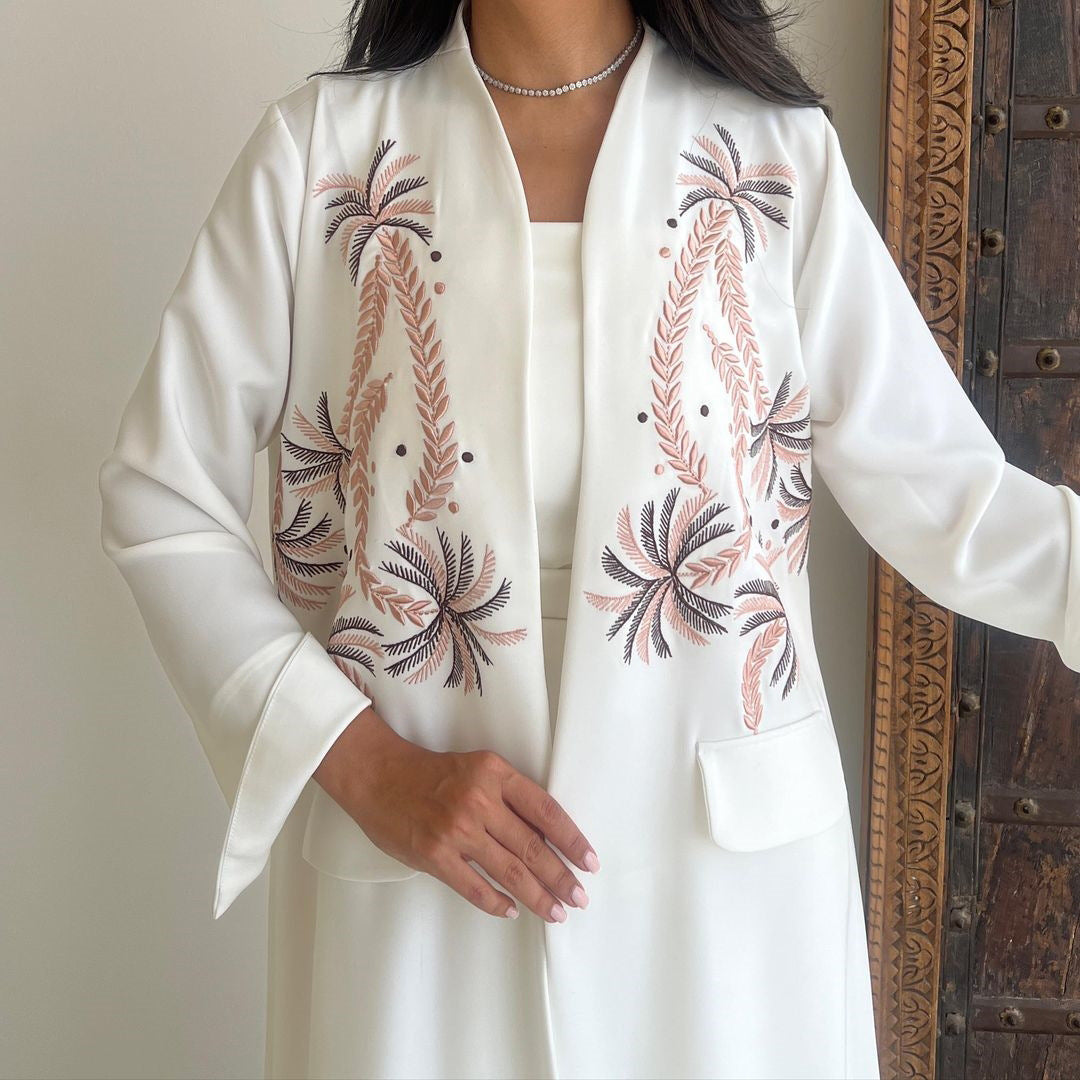 White Blazer-Inspired Open Embroidered Abaya