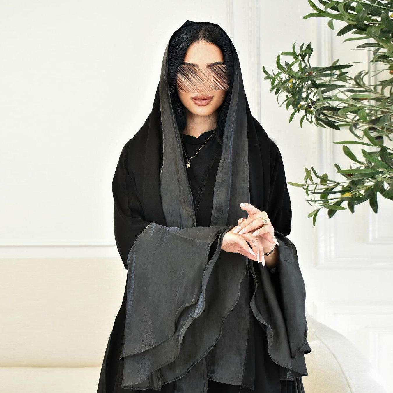Celestial Flow Abaya with Satin-Trimmed Sleeves
