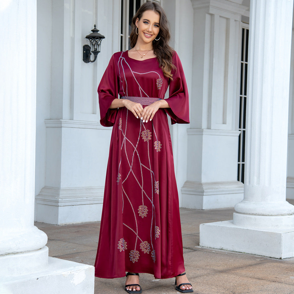 Luxe Satin Abaya Dress with Floral Diamanté Detailing
