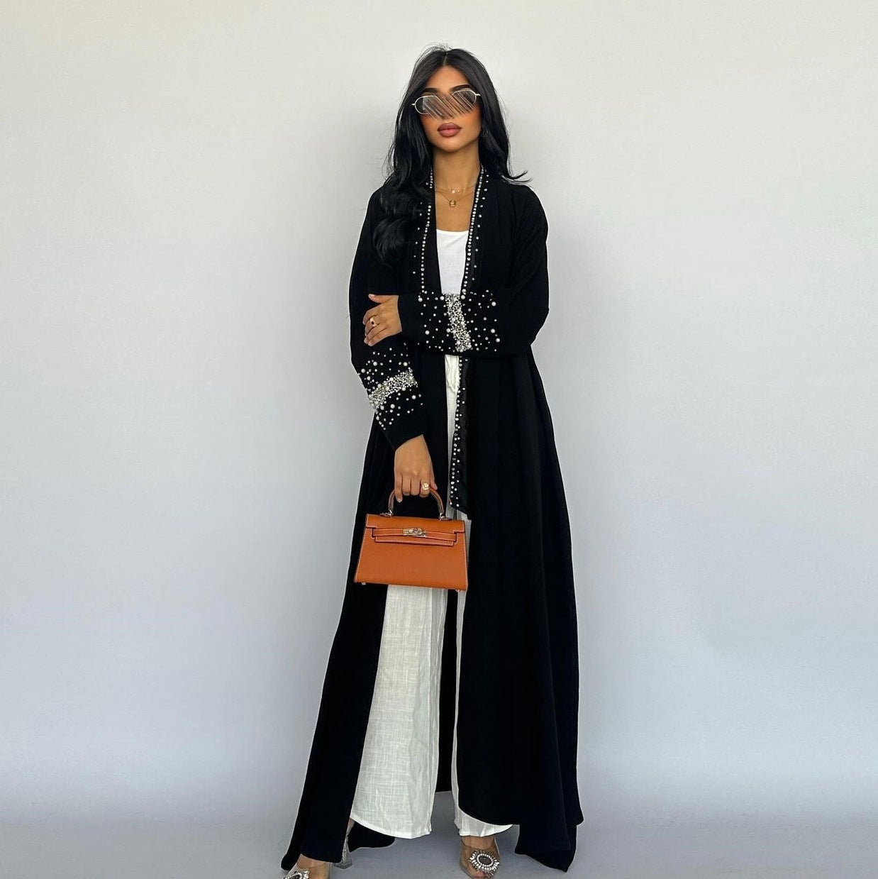 Midnight Elegance Rhinestone-Trimmed Open Abaya with Matching Scarf