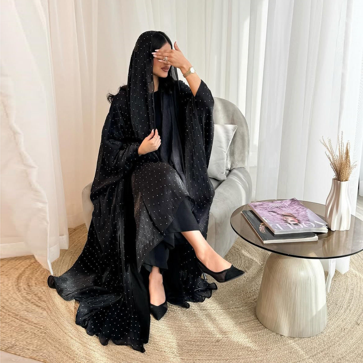 Midnight Glamour Open Abaya – Black Iridescent Diamante Elegance with Matching Headscarf
