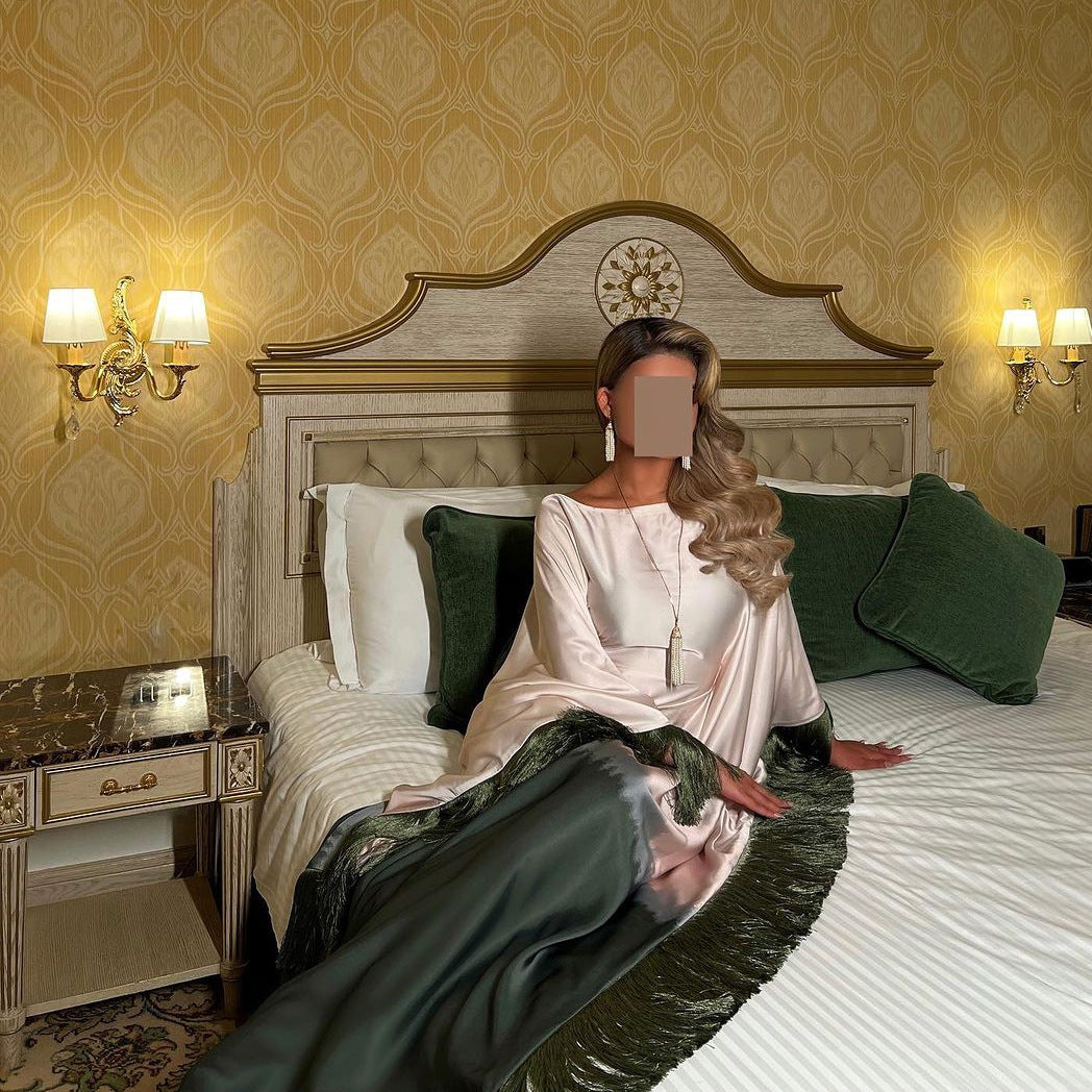 Ombre Luxe Satin Abaya Dress with Fringe Detailing