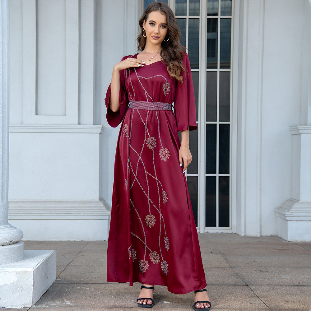 Luxe Satin Abaya Dress with Floral Diamanté Detailing