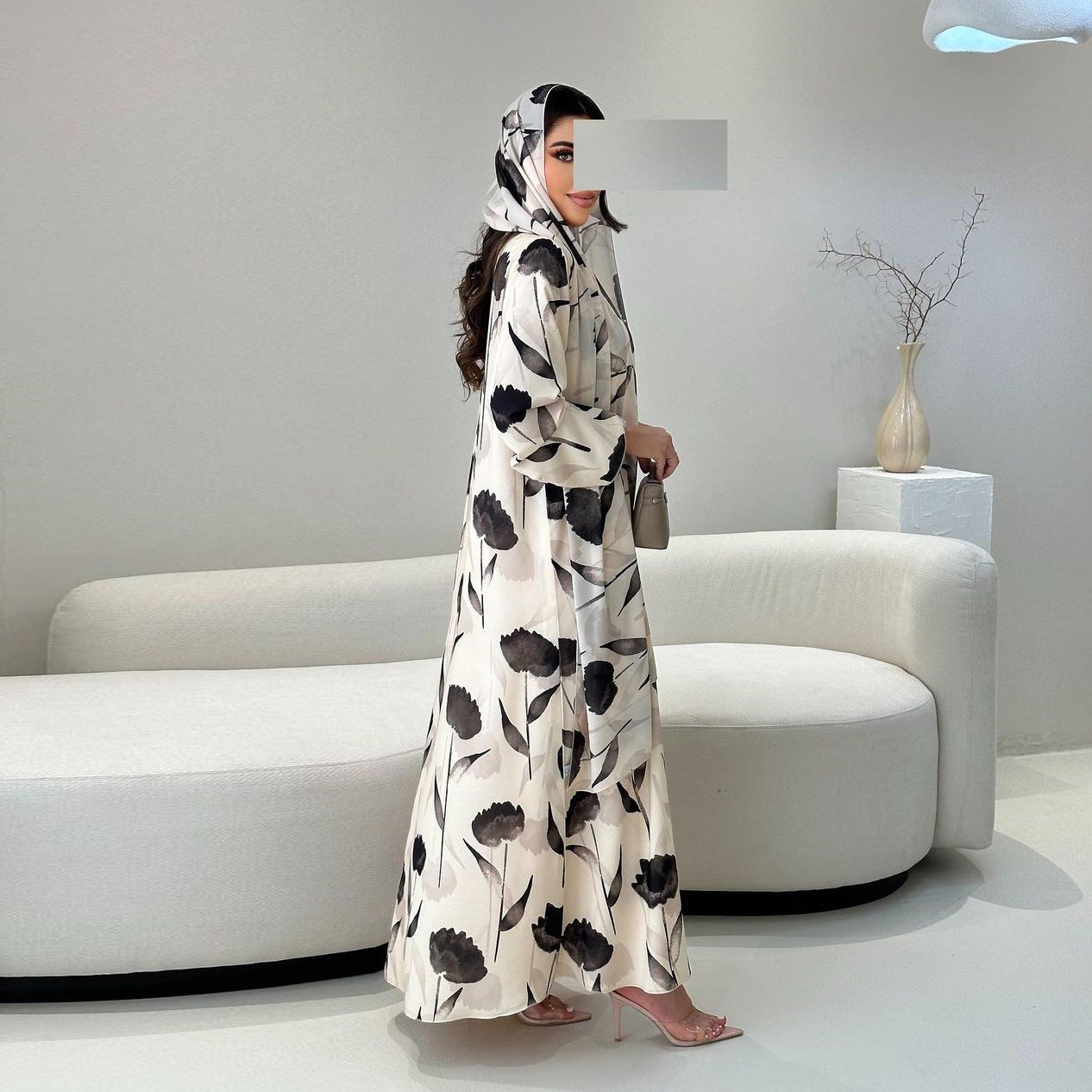 Bloom & Beige Abaya – Black Petal Print with Matching Scarf