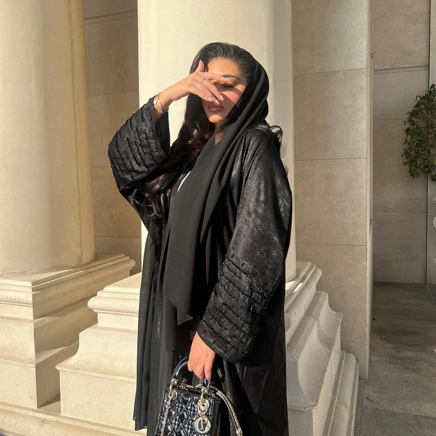 Lustrous Iridescent Open Abaya with Diamante-Embellished Sleeves