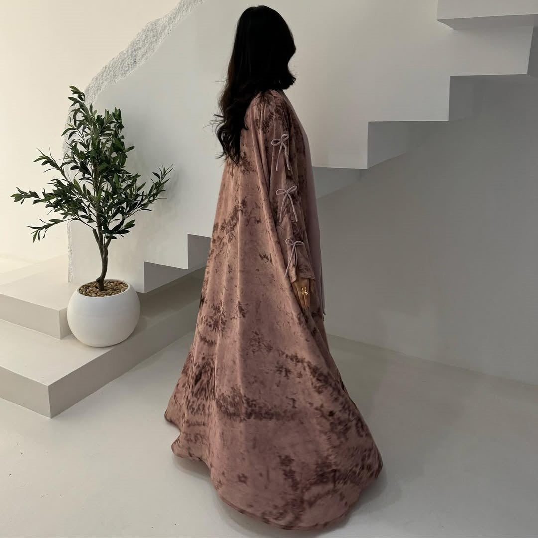 Marble Luxe Abaya with Headscarf & Ribbon Sleeves