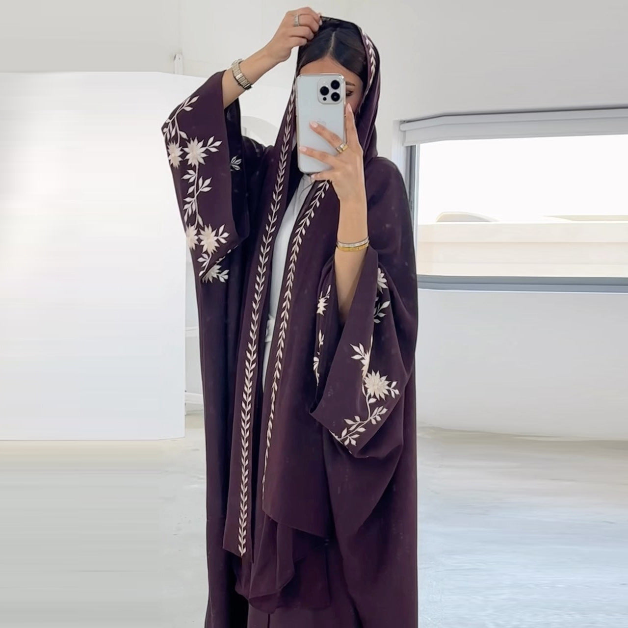 Amira’s Lavender Bloom – Embroidered Abaya with Matching Scarf