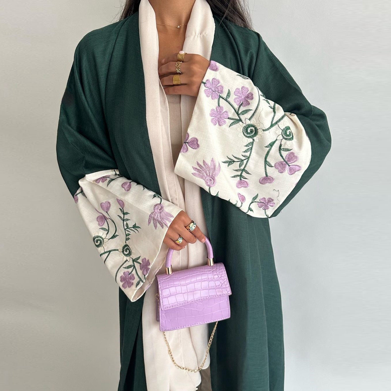 Emerald Green Open Abaya with Purple & White Floral Embroidered Sleeves