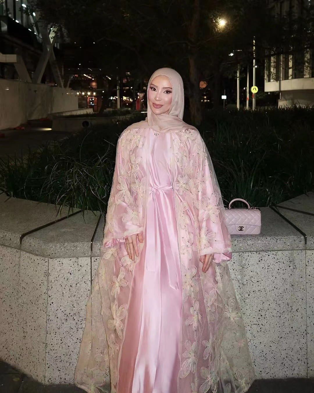 Rosé Dream Abaya – Embroidered Floral Charm