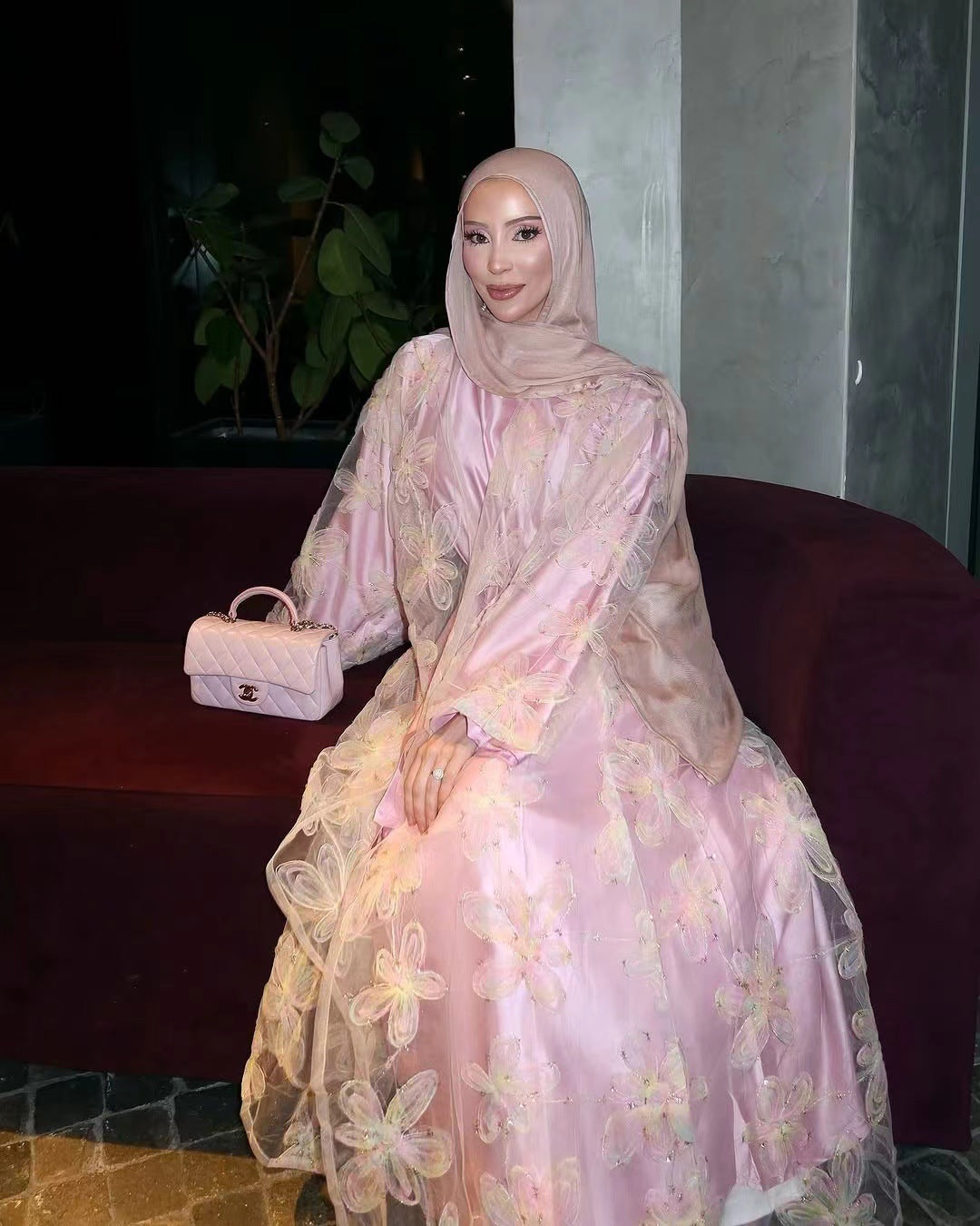 Rosé Dream Abaya – Embroidered Floral Charm
