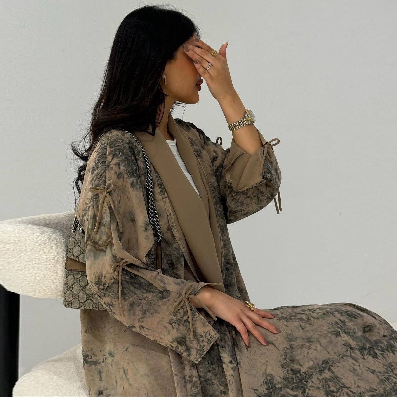 Marble Luxe Abaya with Headscarf & Ribbon Sleeves