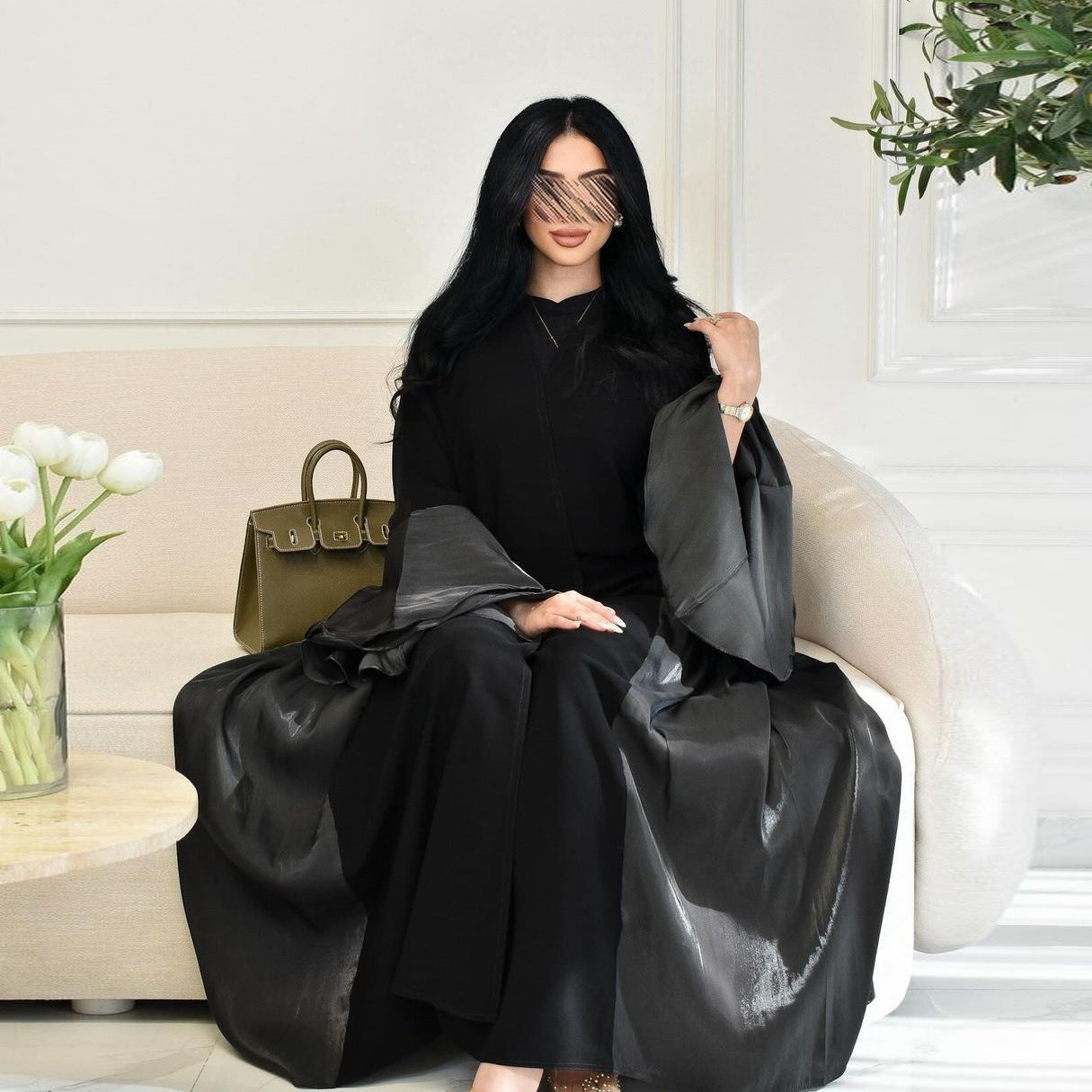 Celestial Flow Abaya with Satin-Trimmed Sleeves