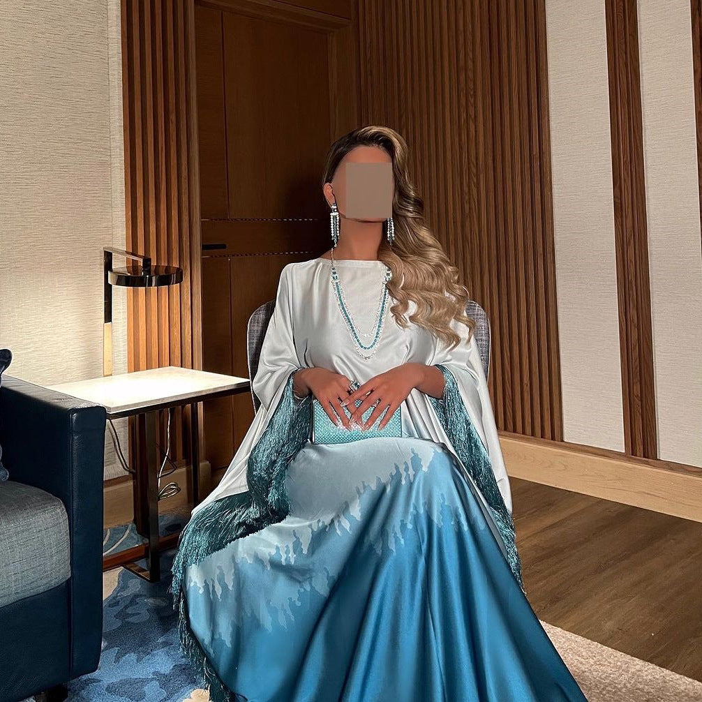 Ombre Luxe Satin Abaya Dress with Fringe Detailing