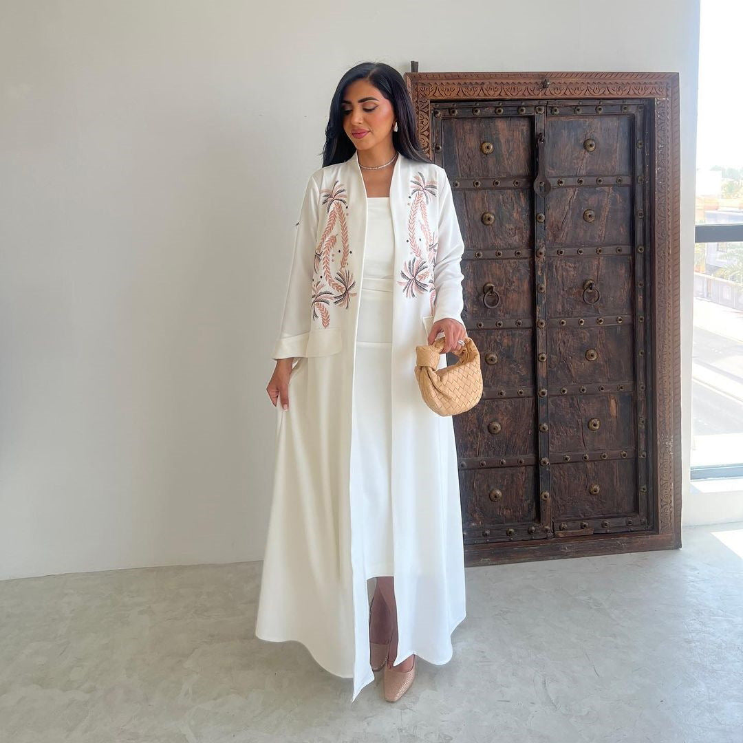 White Blazer-Inspired Open Embroidered Abaya