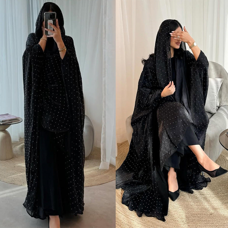 Midnight Glamour Open Abaya – Black Iridescent Diamante Elegance with Matching Headscarf