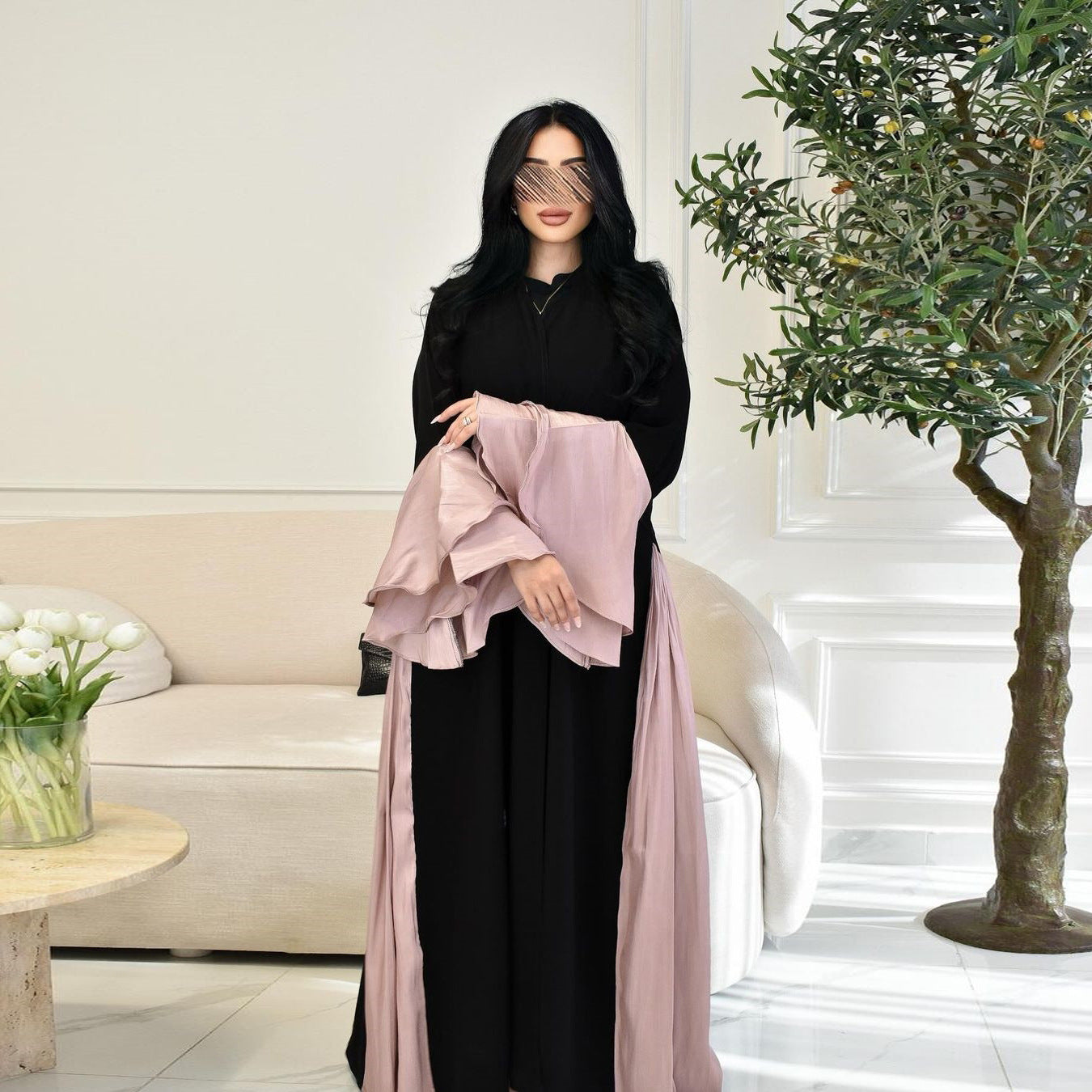 Celestial Flow Abaya with Satin-Trimmed Sleeves