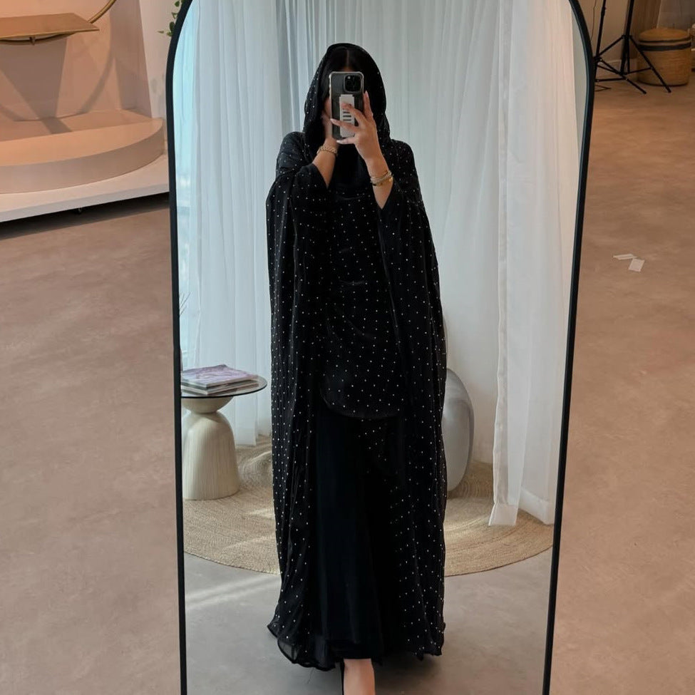 Midnight Glamour Open Abaya – Black Iridescent Diamante Elegance with Matching Headscarf
