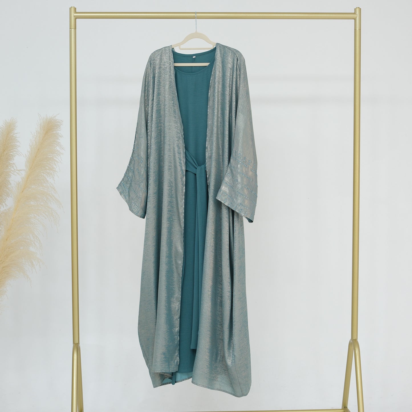 Lustrous Iridescent Open Abaya with Diamante-Embellished Sleeves