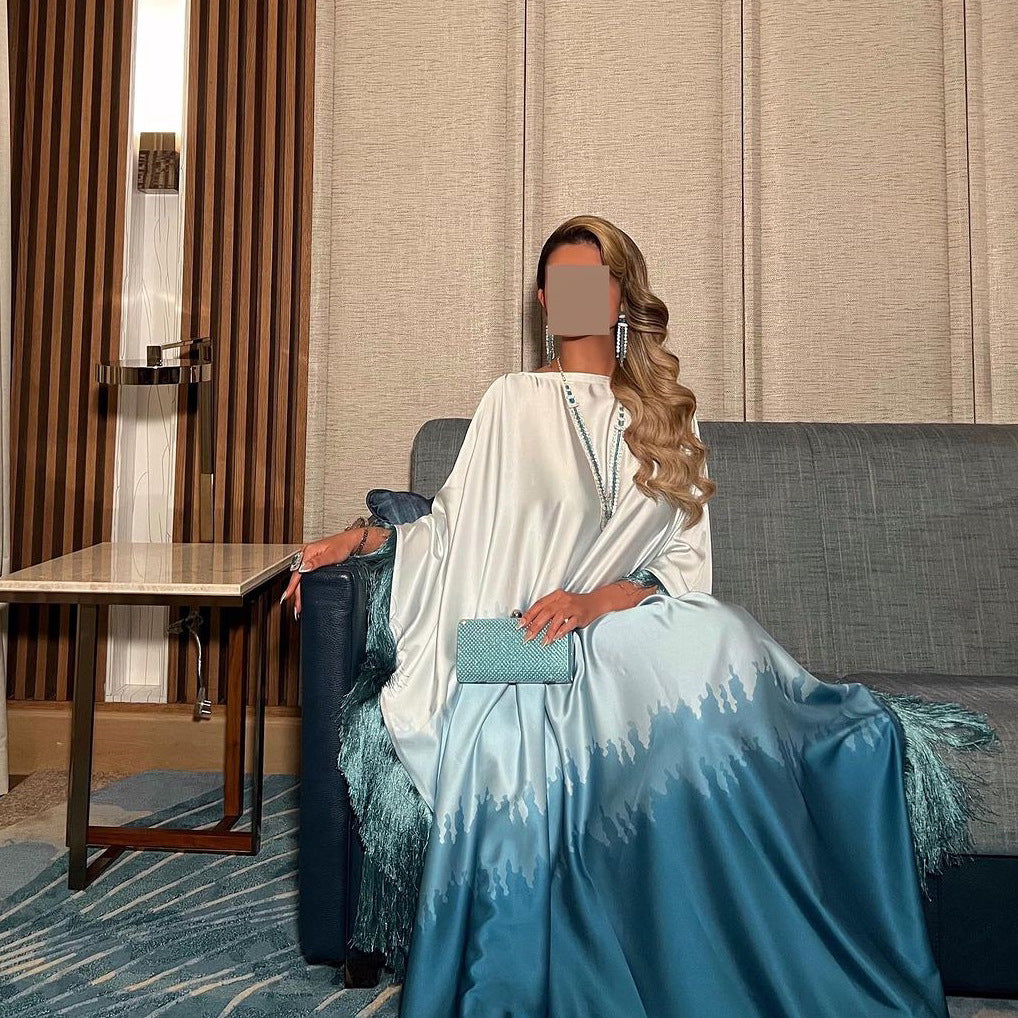 Ombre Luxe Satin Abaya Dress with Fringe Detailing