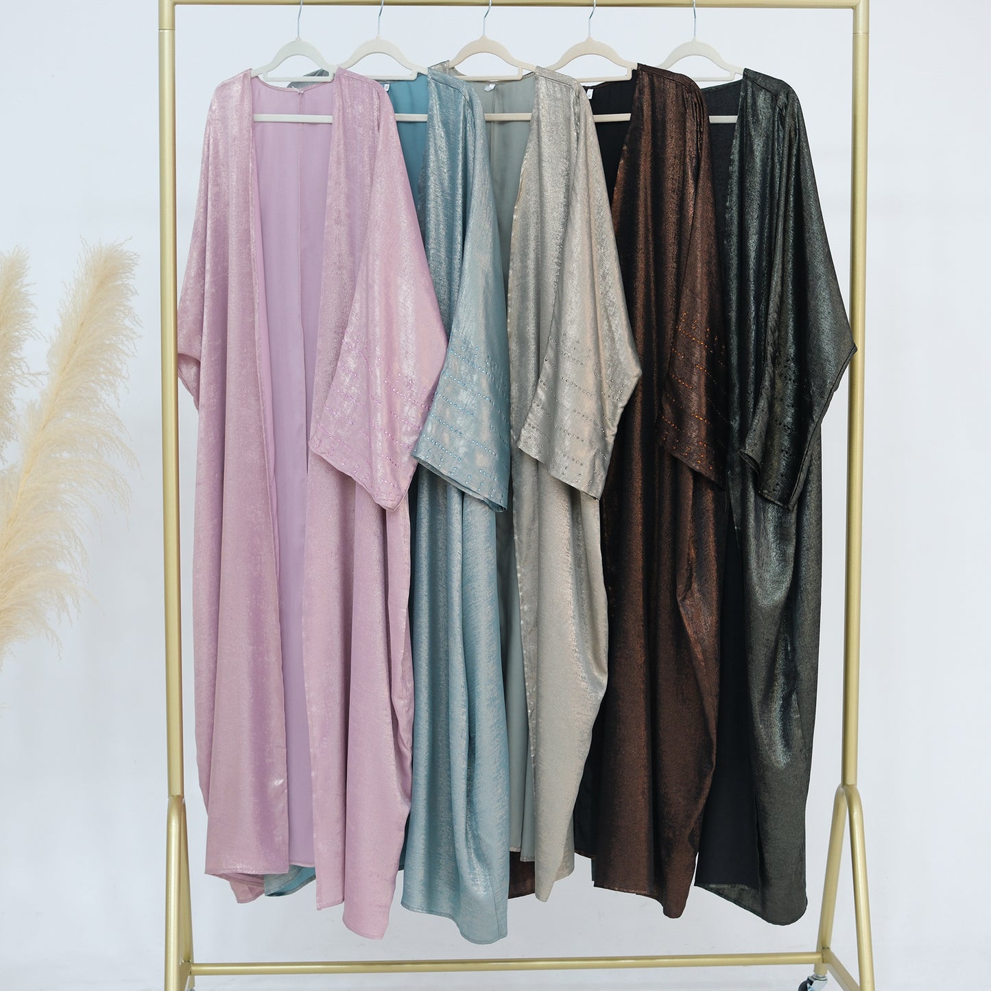Lustrous Iridescent Open Abaya with Diamante-Embellished Sleeves