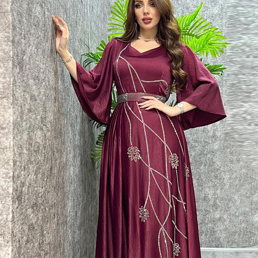 Luxe Satin Abaya Dress with Floral Diamanté Detailing
