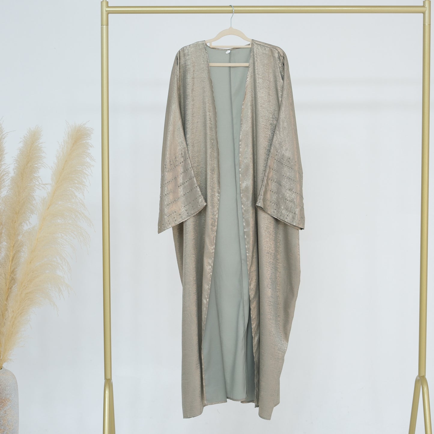 Lustrous Iridescent Open Abaya with Diamante-Embellished Sleeves
