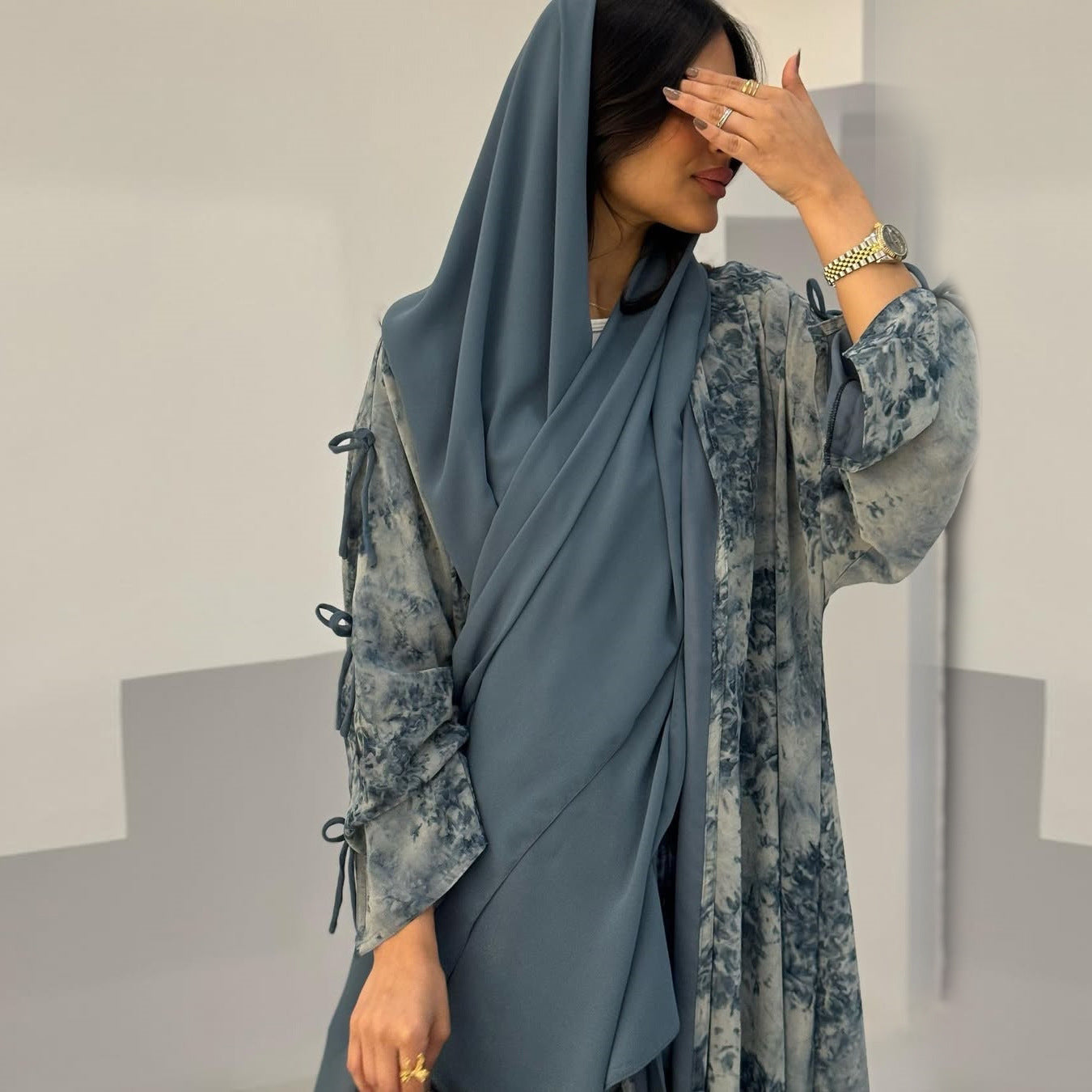 Marble Luxe Abaya with Headscarf & Ribbon Sleeves