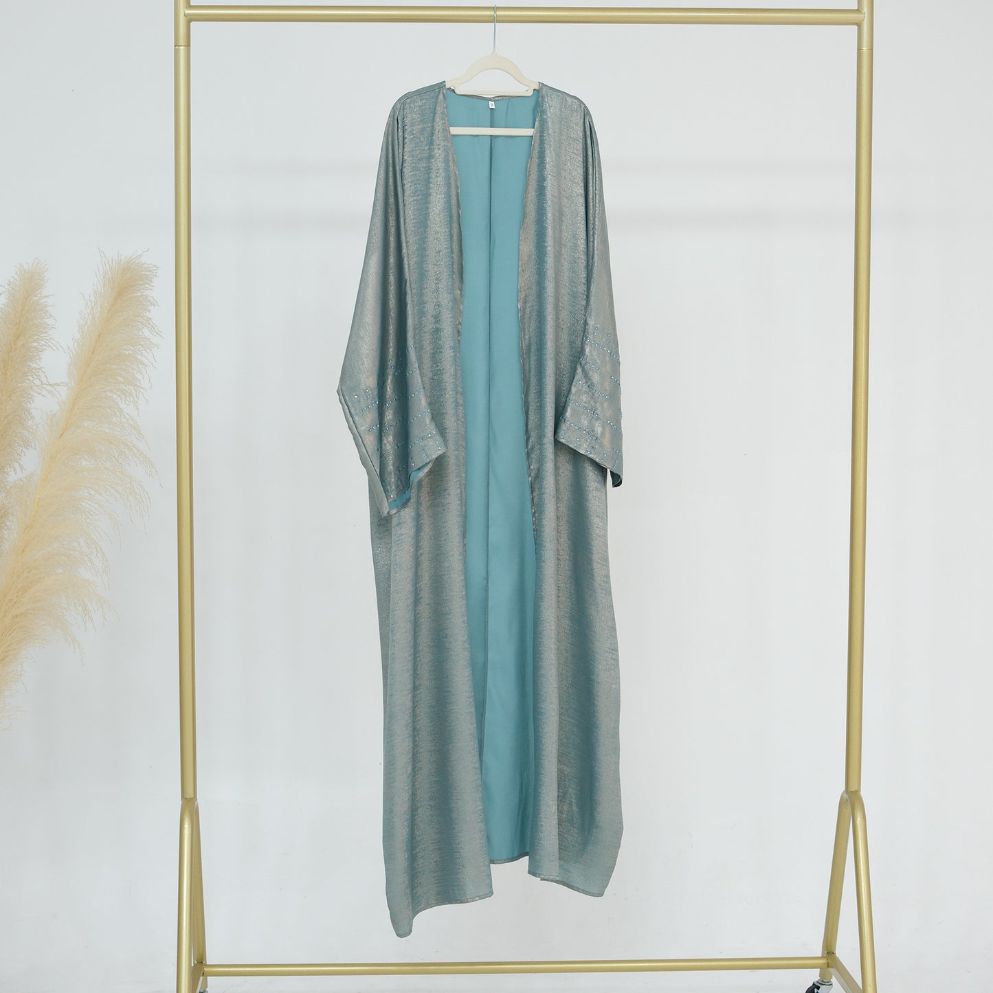 Lustrous Iridescent Open Abaya with Diamante-Embellished Sleeves