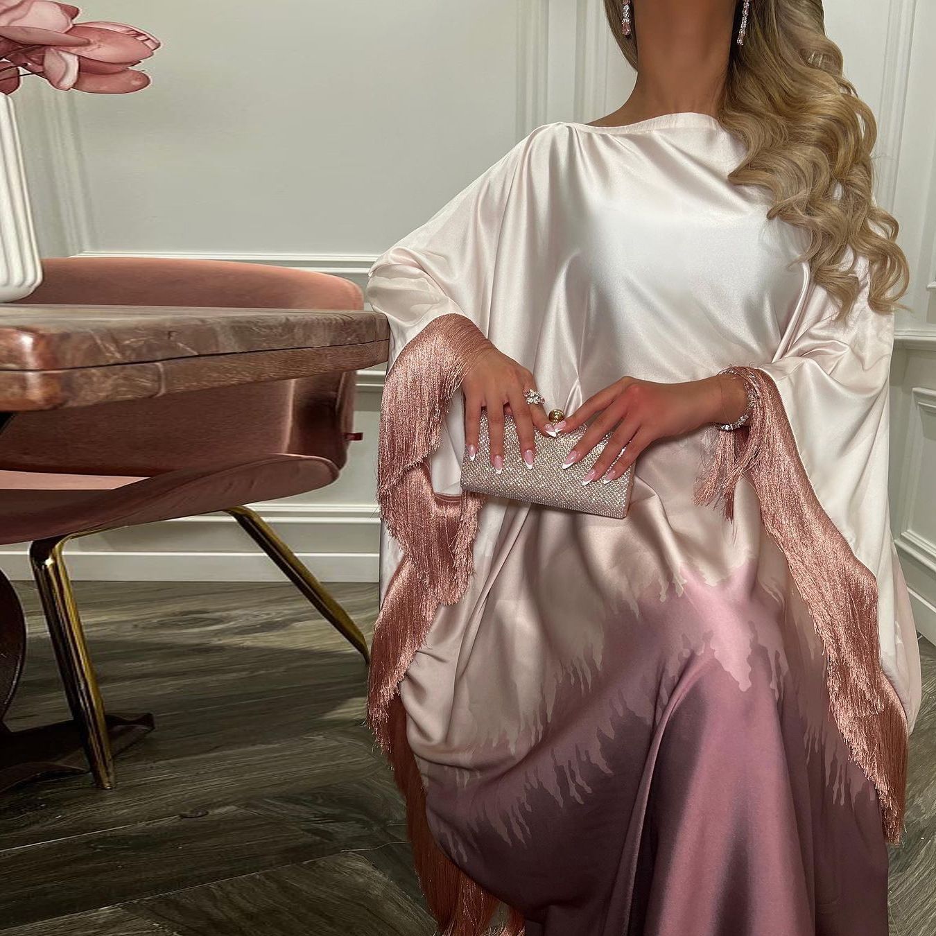 Ombre Luxe Satin Abaya Dress with Fringe Detailing