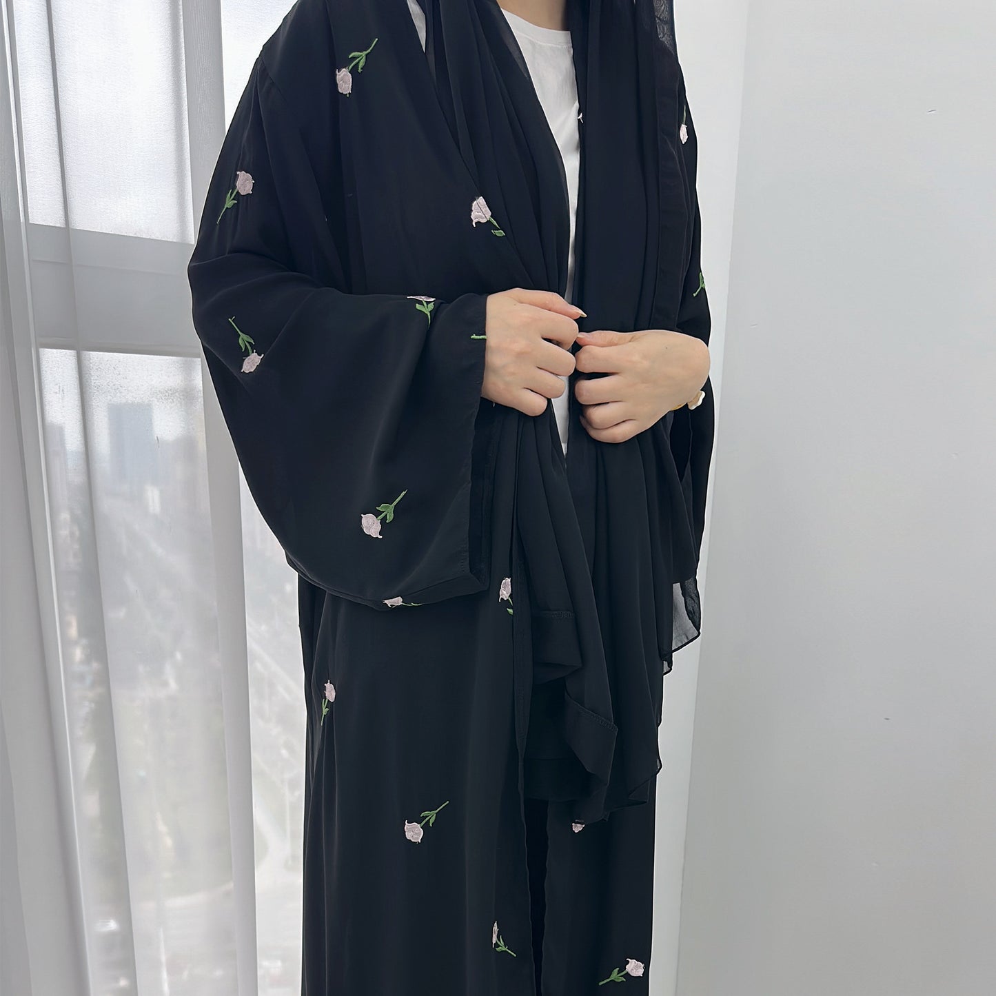 Embroidered Blossom Abaya with Matching Headscarf