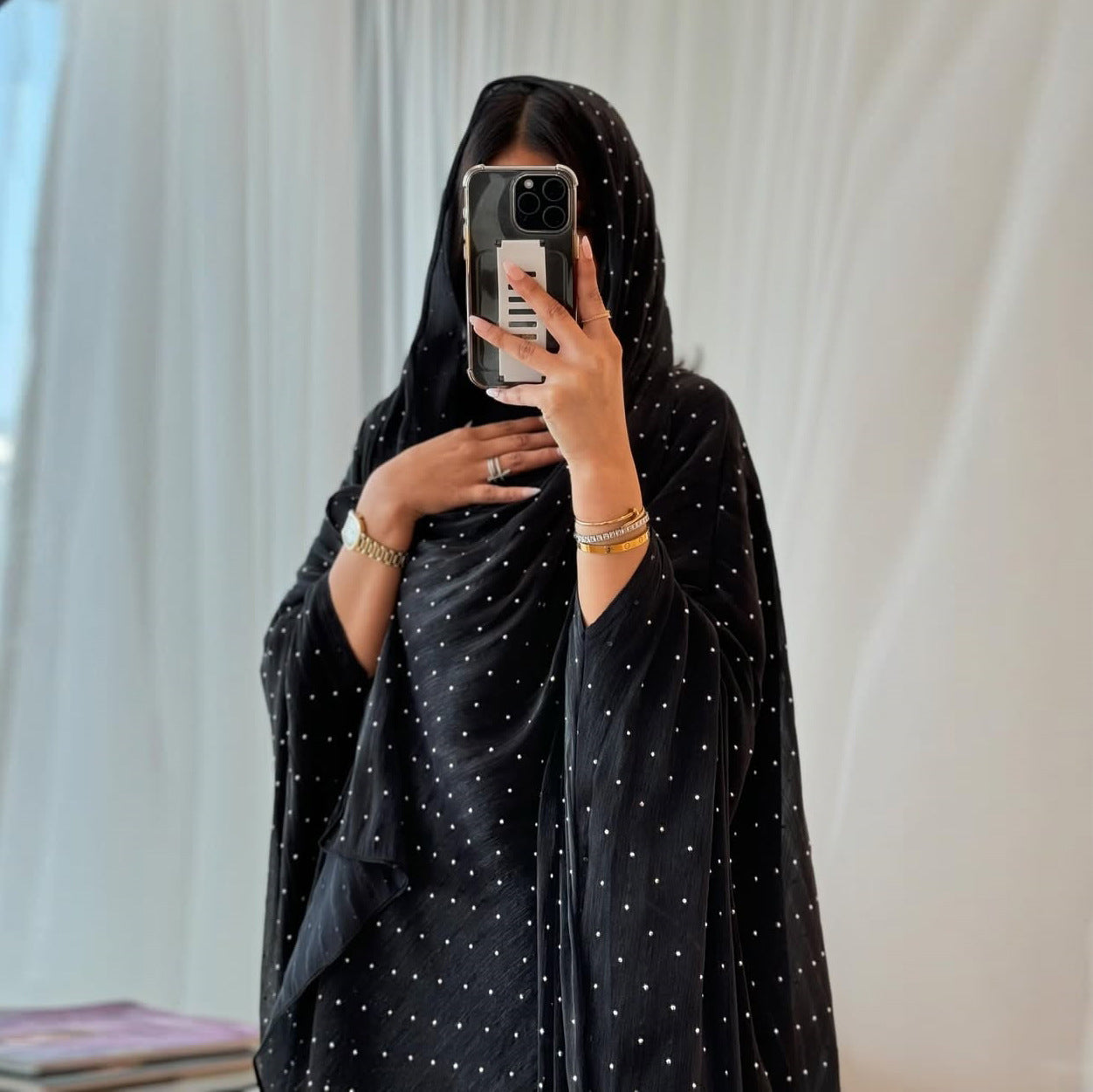 Midnight Glamour Open Abaya – Black Iridescent Diamante Elegance with Matching Headscarf