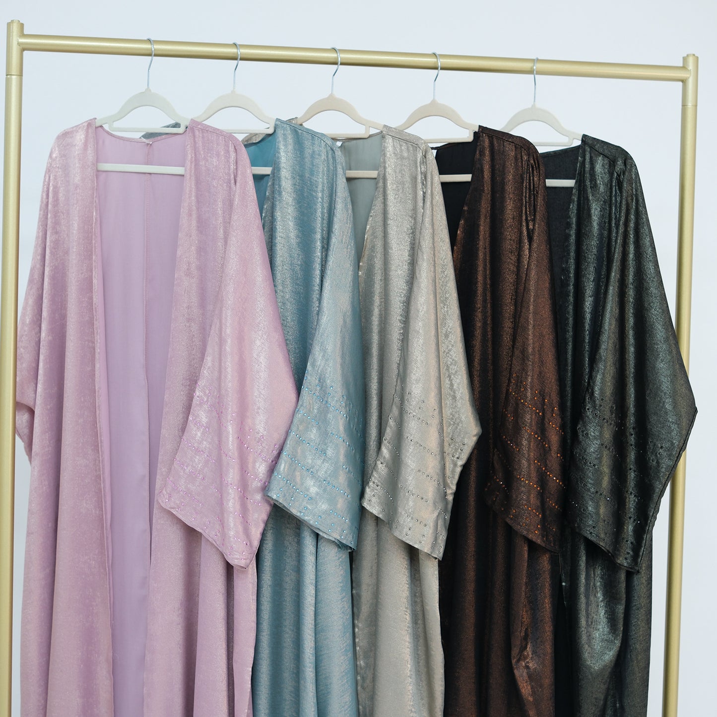 Lustrous Iridescent Open Abaya with Diamante-Embellished Sleeves