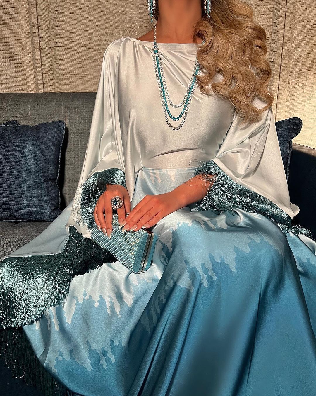 Ombre Luxe Satin Abaya Dress with Fringe Detailing