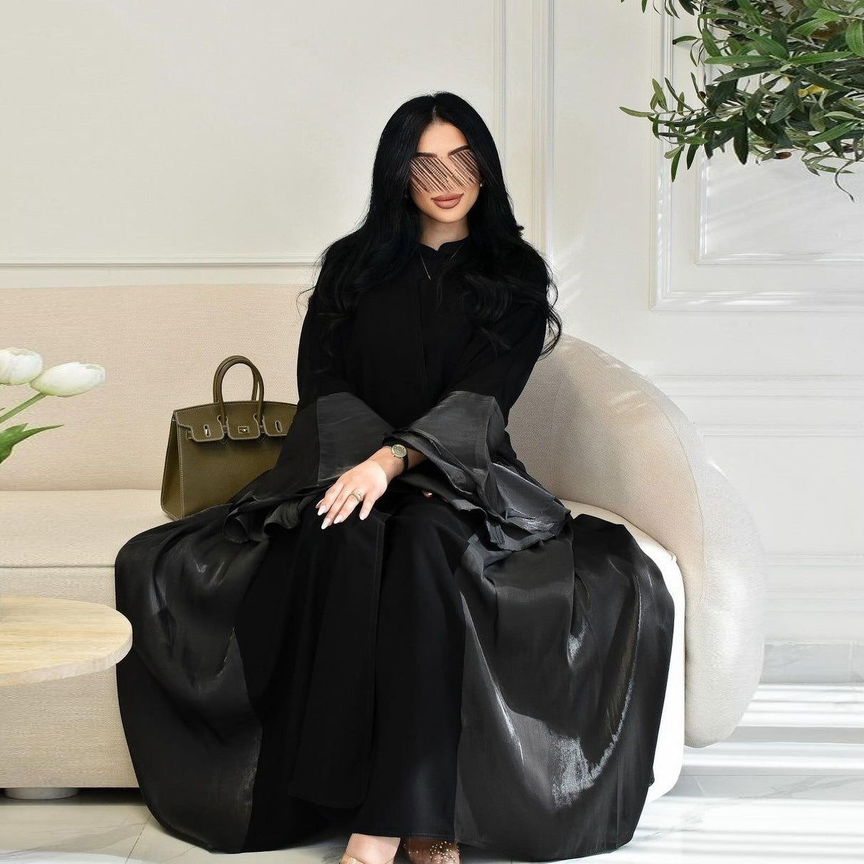 Celestial Flow Abaya with Satin-Trimmed Sleeves