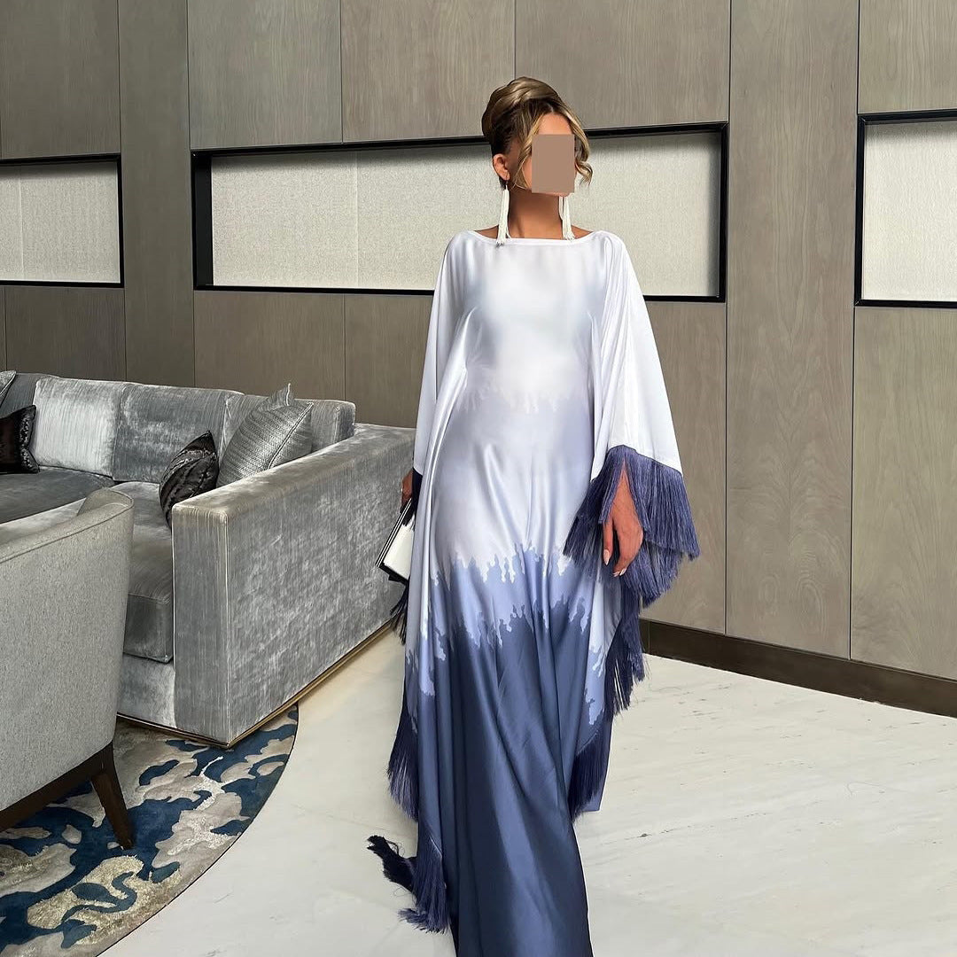 Ombre Luxe Satin Abaya Dress with Fringe Detailing