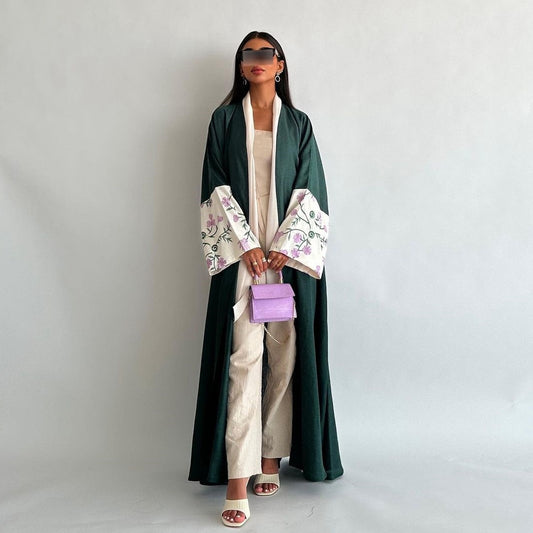 Emerald Green Open Abaya with Purple & White Floral Embroidered Sleeves