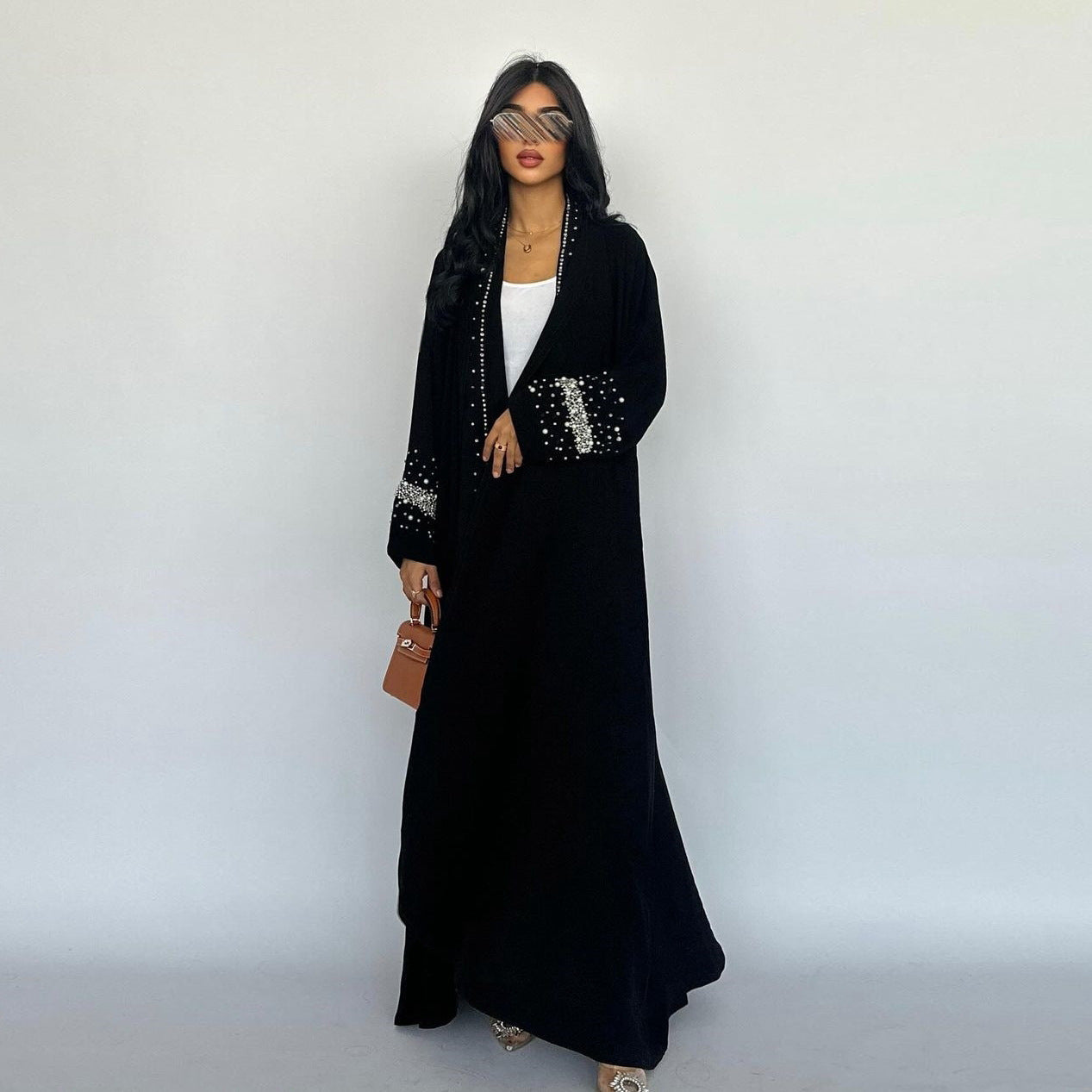 Midnight Elegance Rhinestone-Trimmed Open Abaya with Matching Scarf