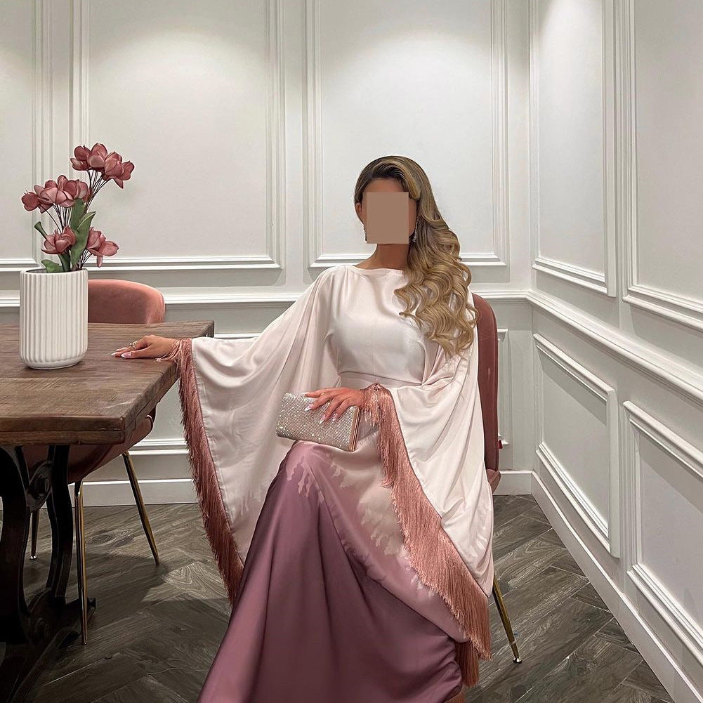 Ombre Luxe Satin Abaya Dress with Fringe Detailing