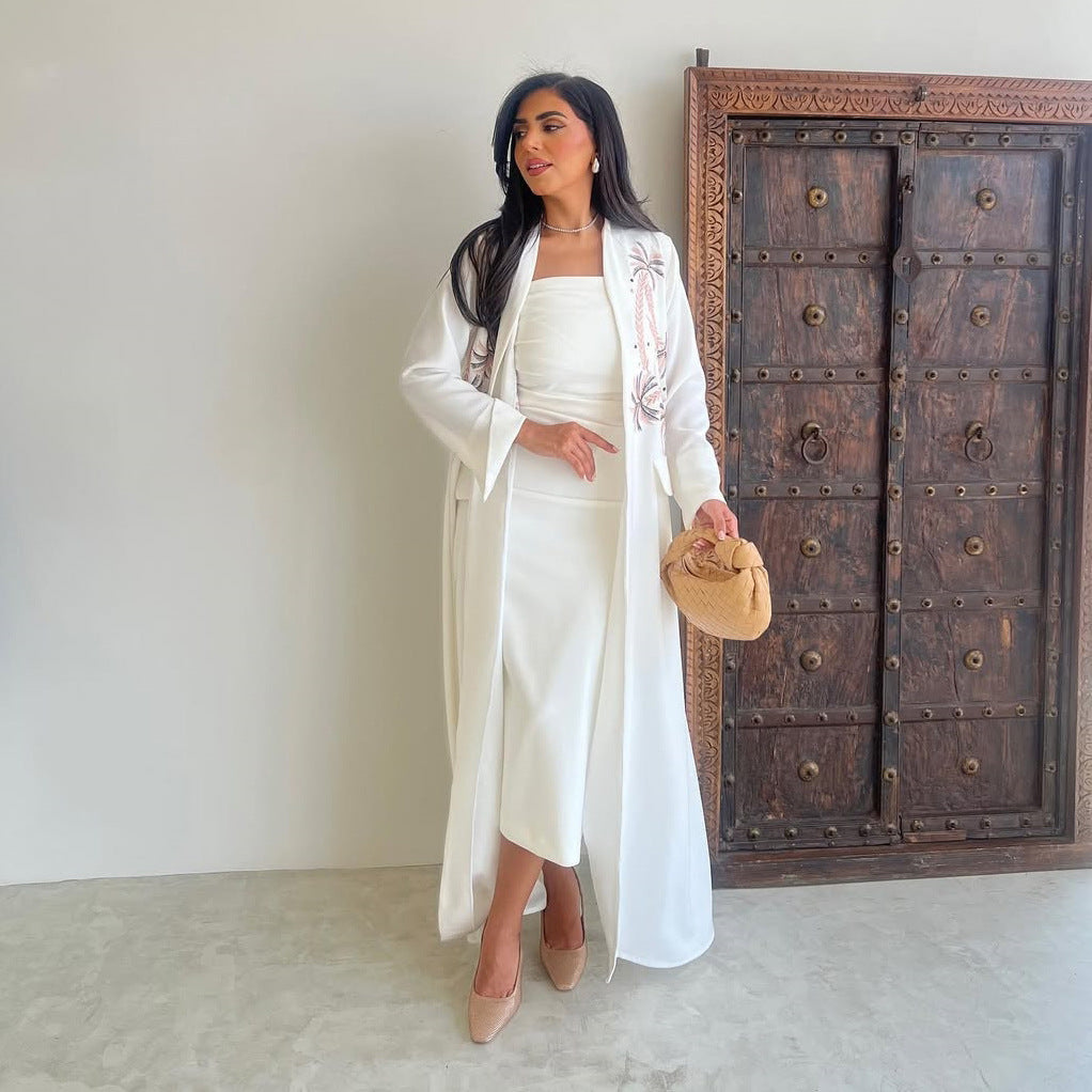 White Blazer-Inspired Open Embroidered Abaya