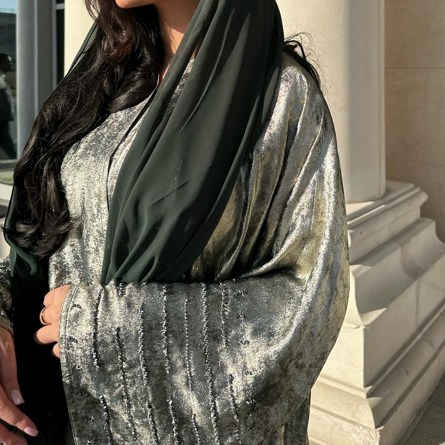Lustrous Iridescent Open Abaya with Diamante-Embellished Sleeves