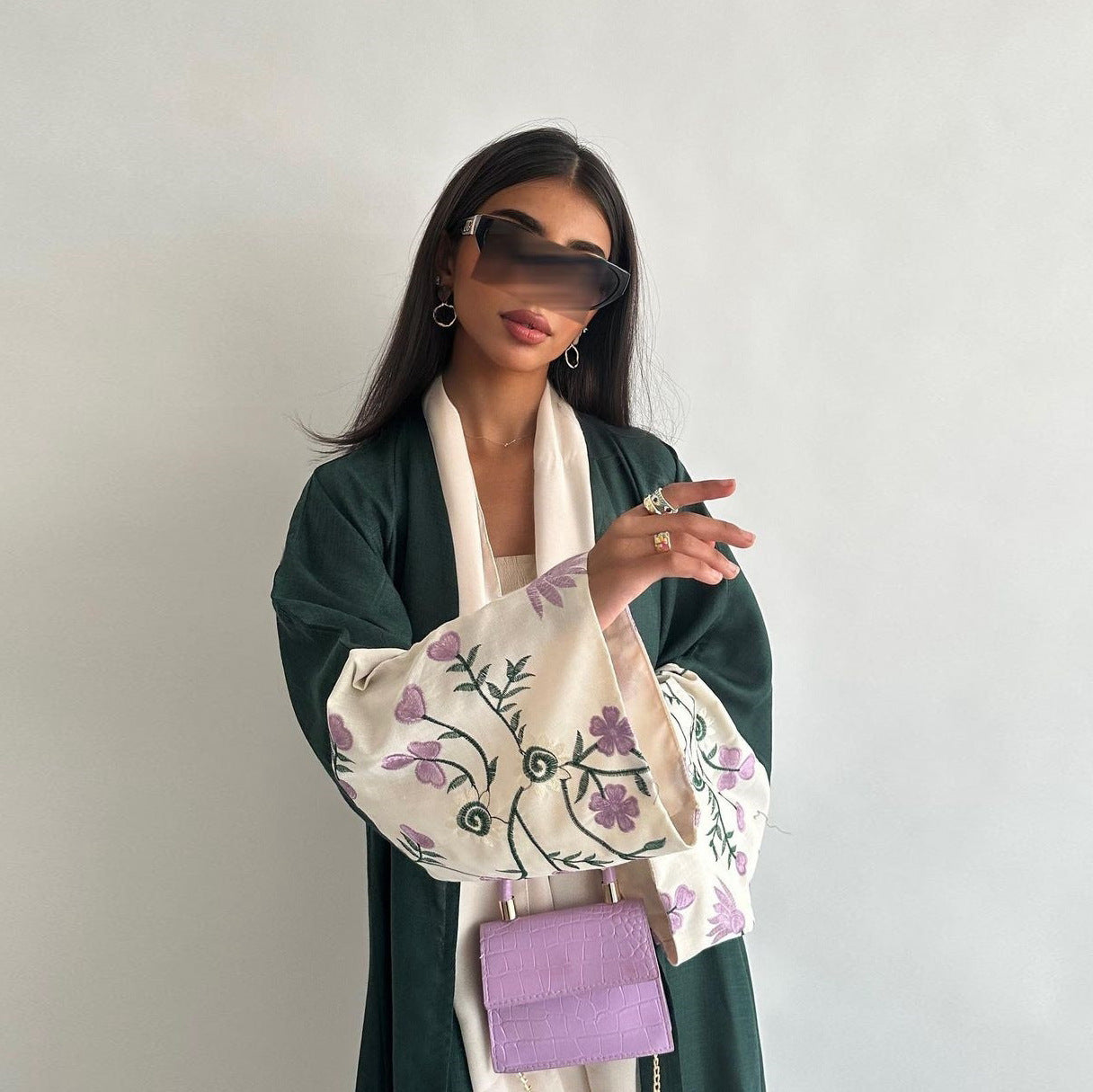 Emerald Green Open Abaya with Purple & White Floral Embroidered Sleeves