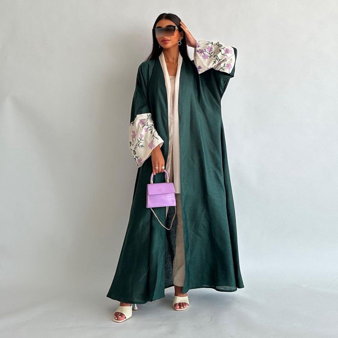 Emerald Green Open Abaya with Purple & White Floral Embroidered Sleeves